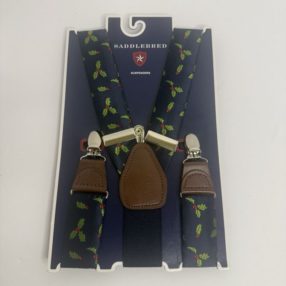 Saddlebred Navy Christmas Holiday Suspenders Holly Leaves Pattern Adult Adj